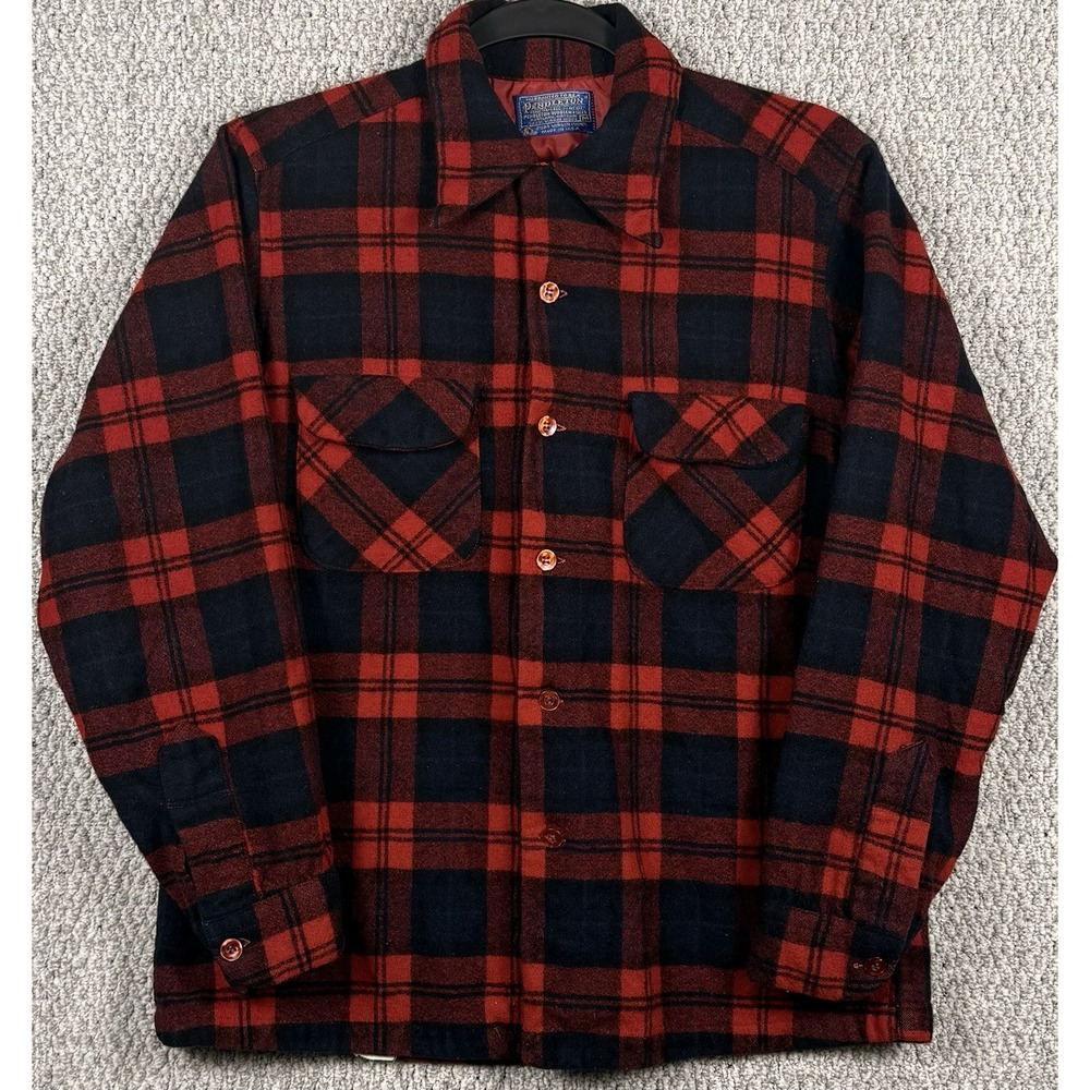 Vintage 60s 70s Pendleton Wool Shirt Jacket M Red Black Plaid USA Cabin Core